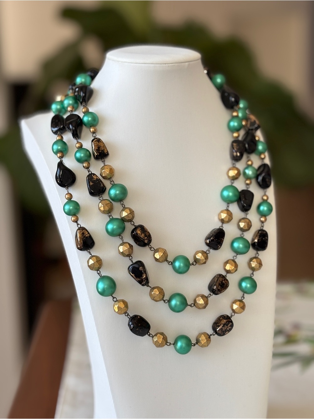 Triple-Strand Black, Turquoise & Gold Beaded Necklace